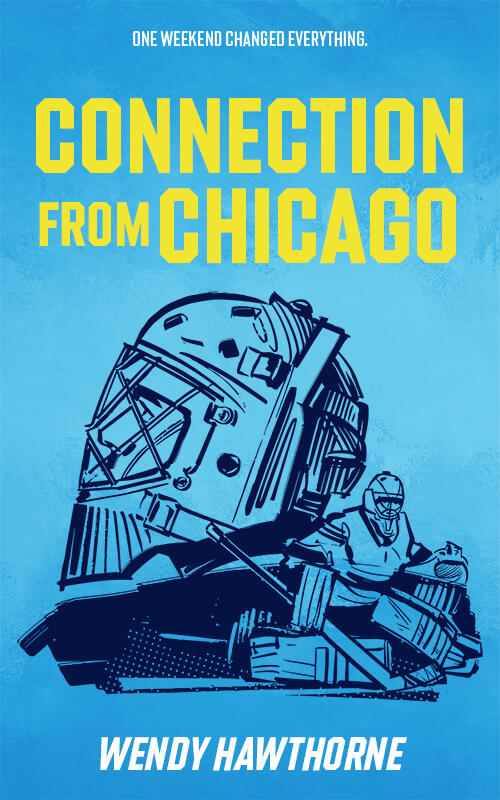 Book cover image for romance author Wendy Hawthorne's book release: Connection From Chicago. Image features a vector drawing of two goaltenders, one looks up to the left while the other faces the viewer.