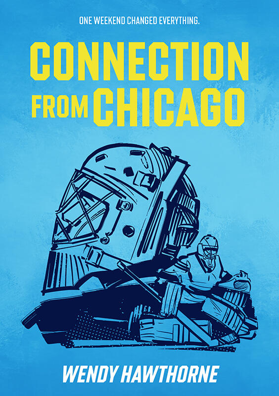 Book cover image for romance author Wendy Hawthorne's book release: Connection From Chicago. Image features a vector drawing of two goaltenders, one looks up to the left while the other faces the viewer. Book releases June 9, 2026. Preorder on Amazon Kindl