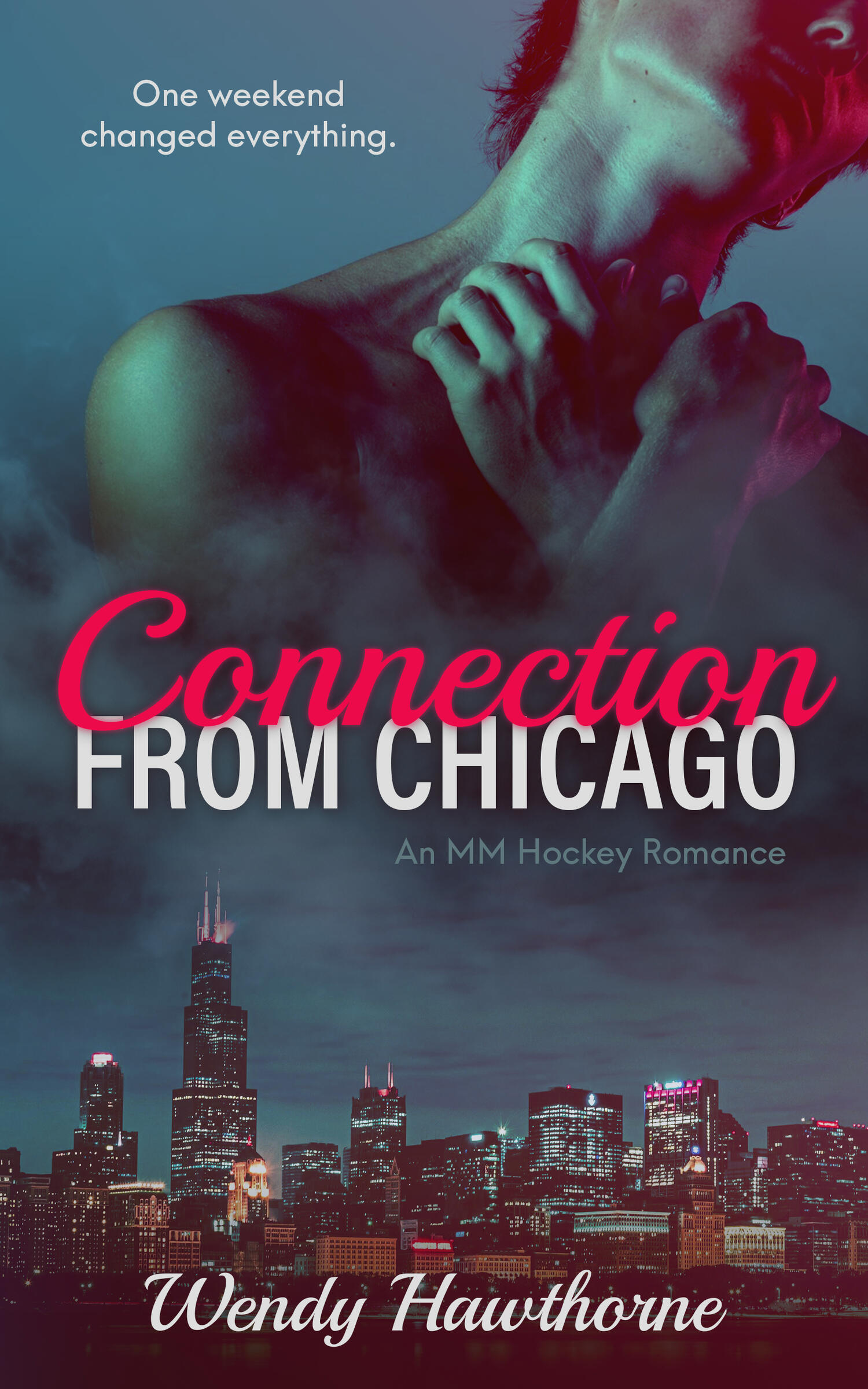 Book cover image for romance author Wendy Hawthorne's book release: Connection From Chicago. Image features a vector drawing of two goaltenders, one looks up to the left while the other faces the viewer. Book releases June 9, 2026. Preorder on Amazon Kindl